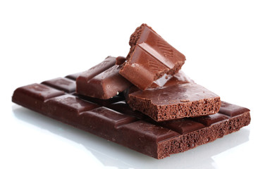 Slices of milk and dark chocolate bar isolated on white