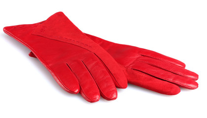 Beautiful red leather women's gloves isolated on white