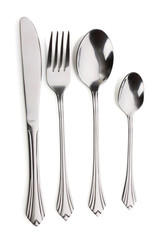 Silver fork and spoon, knife isolated on white