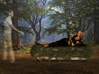 The tombstone in the woods.