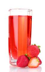 Fresh strawberry and juice glass isolated on white