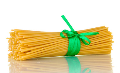 Bunch of spaghetti with ribbon isolated on white