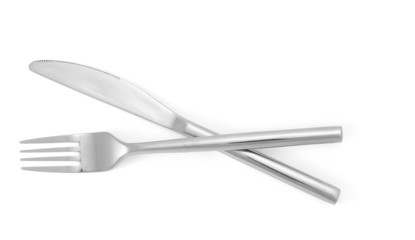 Silver fork and knife isolated on white