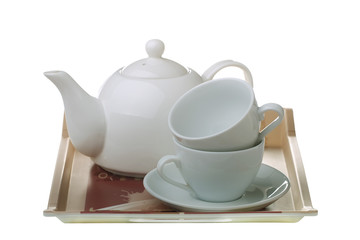 Tea tray with teapot and cups isolated