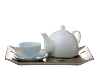 Tea tray with teapot and cup isolated