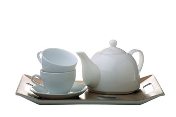Tea tray with teapot and cups isolated