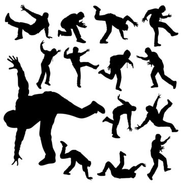 man in various poses of break dance silhouette
