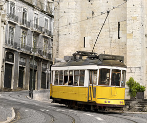 classic yellow tram of Lisbon, Portugal