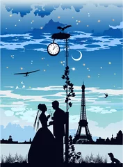 Papier Peint photo Illustration Paris romance et horloge