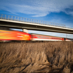Fast train passing under a bridge on a lovely summer day