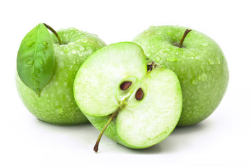 Green apples with water drops