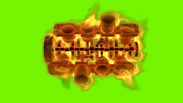 engine on fire 3D (green screen, HD, 30fps, loop, 3d render)