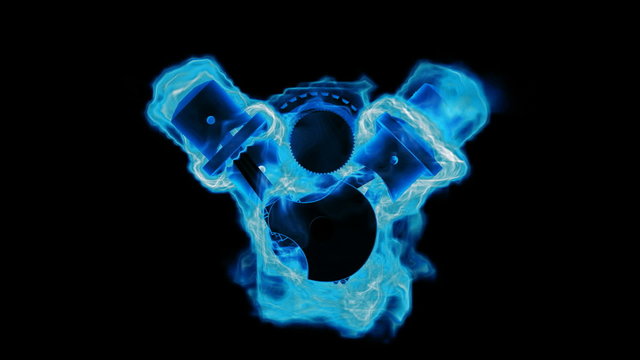 engine on blue fire in black 3D HD,  loop