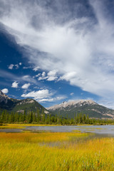 Swampy lake, Rocky Mountains and cloudy sky
