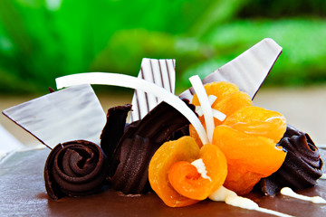 Cake decorated with chocolate and dried peaches