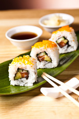 sushi rolls on a leaf