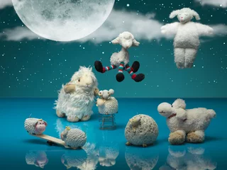 Keuken spatwand met foto funny toy sheeps playing different games, night © Daco