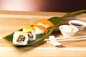 sushi rolls on a leaf