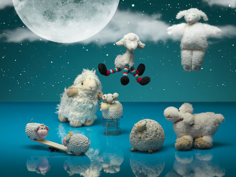 funny toy sheeps playing different games, night
