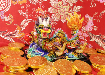 Dancing Dragon,golden coin and Money Red Packet,red firecracker
