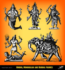 Fototapeta na wymiar Engraving vintage Hindoo statues set.