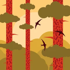 Wall murals Birds in the wood Pine tree forest landscape background illustration