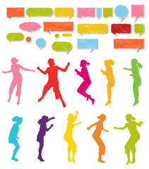 Girls, kids jumping vector silhouette set background