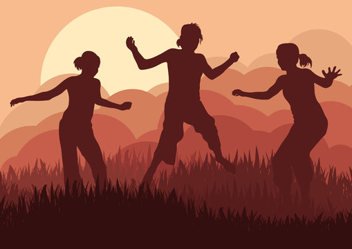 Jumping children silhouettes in wild nature
