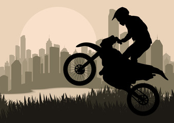 Motorbike rider in skyscraper city landscape background