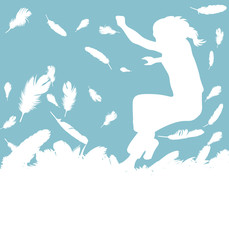 Kid jumping in feathers vector background