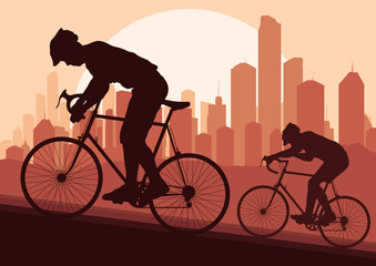 Sport bicycle riders in skyscraper city