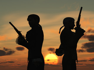 Duellists silhouetted against the rising sun - obrazy, fototapety, plakaty