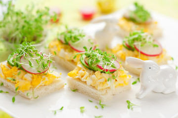 canape with egg, cucumber, radishes and cress