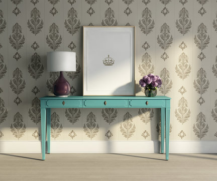 Fototapeta Vintage turqoise table, stylish interior baroque wallpaper