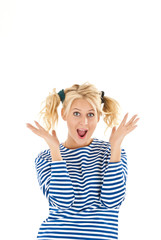 Happy woman making a funny face over white background