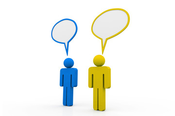 Two people talk in speech bubbles