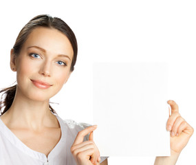 Businesswoman showing blank signboard, on white