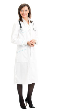 Full body of female doctor, over white