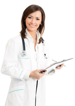 Happy smiling female doctor with clipboard, isolated