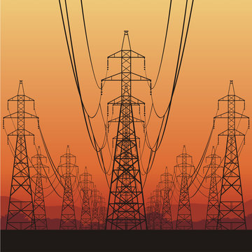 Electric power lines and sunrise, vector illustration