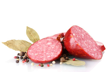 Tasty sausage and spices isolated on white