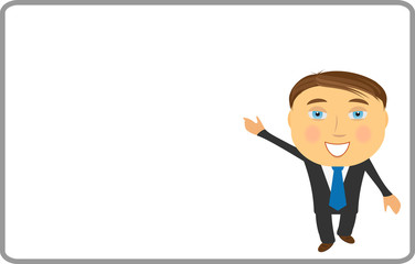 cute man on white frame showing an advertising inscription