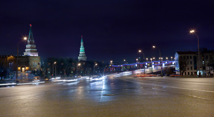 Great Stone Bridge and towers of Kremlin in Moscow at night