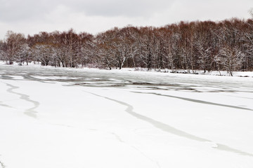 unfrozen patch of water in  icebound river