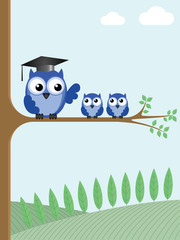 Owl teacher and pupils sat on a tree branch