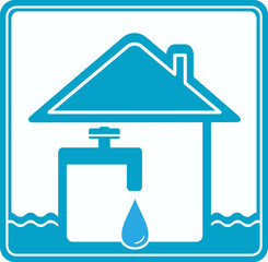 blue icon with house, drop, water pipe