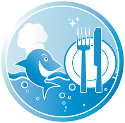 symbol of the fish dish with cook and utensil