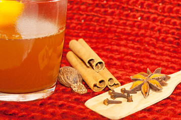 Glass of mulled wine on woven