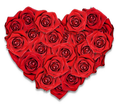 Red roses in the shape of the heart. White background.