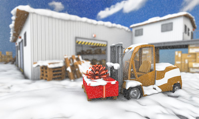 3d illustration of snowy loader with gift on warehouse